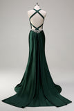 Robe de soirée scintillante vert foncé sirène dos nu corset à paillettes