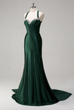 Robe de soirée scintillante vert foncé sirène dos nu corset à paillettes