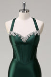 Robe de soirée scintillante vert foncé sirène dos nu corset à paillettes