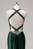 Robe de soirée scintillante vert foncé sirène dos nu corset à paillettes