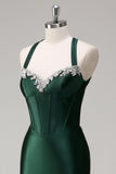 Robe de soirée scintillante vert foncé sirène dos nu corset à paillettes