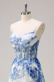 Blanc Fleur Bleu Spaghetti Bretelles Ruché Corset Robe Longue De Bal Avec Fente