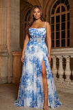 Robe de bal longue taille grande taille à la fleur blanche bleue avec bretelles fines Corset