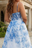 Robe de bal longue taille grande taille à la fleur blanche bleue avec bretelles fines Corset