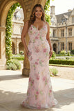 Robe de bal longue grande taille florale aux paillettes sirène rose avec dentelle dans le dos