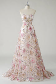 Robe de soirée rose scintillante ligne A à sequins floraux