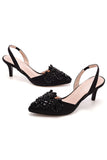 Noir Strass Talon Slingback Sandales À Bout Pointu Glisser Sur Talons Blocs