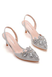 Noir Strass Talon Slingback Sandales À Bout Pointu Glisser Sur Talons Blocs