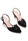 Noir Strass Talon Slingback Sandales À Bout Pointu Glisser Sur Talons Blocs