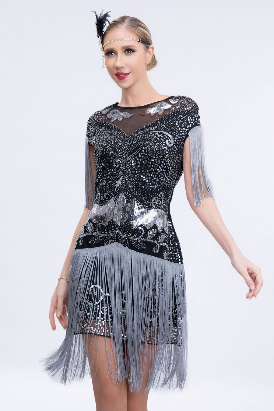 Robe à Paillettes Années 20 - Style Flapper Gatsby - Pour Soirée, Halloween, Carnaval - Manches Courtes Avec Franges - 5