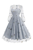 Robe Floral Bleu A Ligne des Années 1950 à Manches Longues