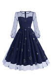Robe Floral Bleu A Ligne des Années 1950 à Manches Longues