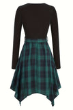 Noir Col Rond Plaid Épissage À Manches Longues Ourlet Irrégulier Robe Vintage