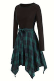 Noir Col Rond Plaid Épissage À Manches Longues Ourlet Irrégulier Robe Vintage