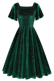 Robe vintage midi à manches volantes en velours à pois vert foncé