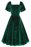 Robe vintage midi à manches volantes en velours à pois vert foncé