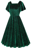 Robe vintage midi à manches volantes en velours à pois vert foncé