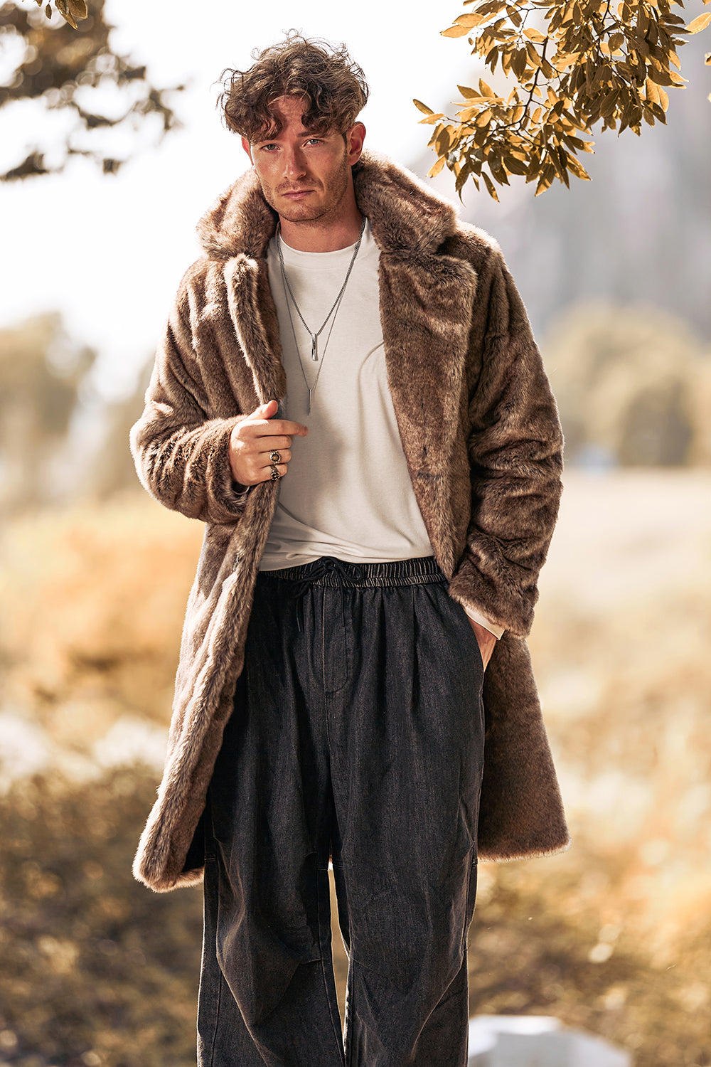 Zapaka Manteau pour homme Kaki Moyeux Cranté Fausse Fourrure Veste