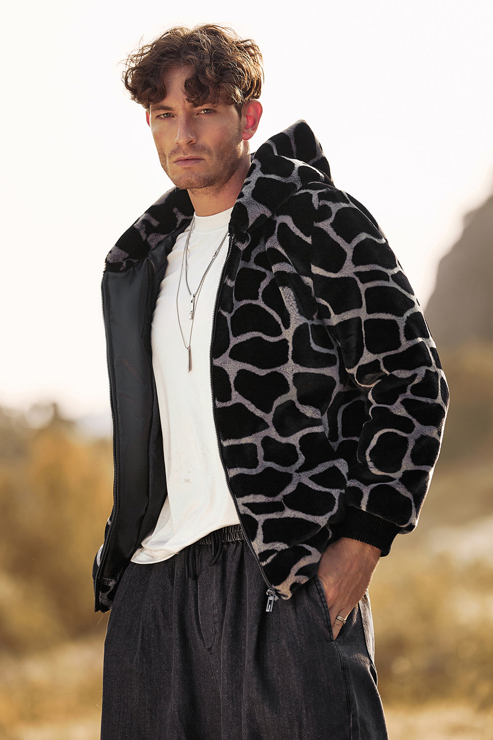 Leopard fausse fourrure zippe a capuche a manches longues Manteau pour homme