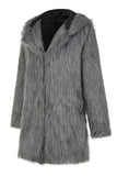 Gris Homme Fausse Fourrure Manteau Long Hiver Couleur Unie Revers Manches Longues