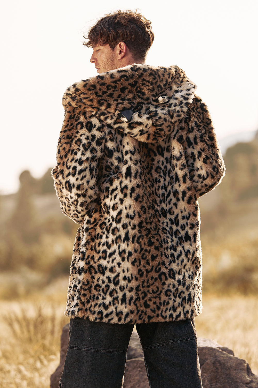 Manteau d hiver en fausse fourrure mi longue leopard pour homme