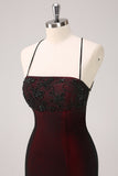 Noir Rouge Spaghetti Bretelles Sirène Robe de demoiselle d’honneur avec perles