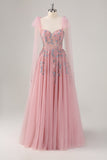 Robe de bal longue trapèze rose avec appliques