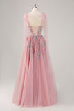 Robe de bal longue trapèze rose avec appliques