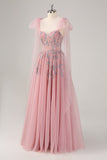 Robe de bal longue trapèze rose avec appliques