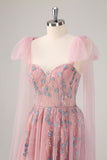 Robe de bal longue trapèze rose avec appliques