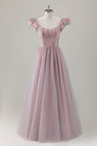 Robe de bal longue a-ligne florale rose gris avec manches courtes