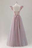 Robe de bal longue a-ligne florale rose gris avec manches courtes