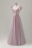 Robe de bal longue a-ligne florale rose gris avec manches courtes