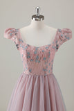 Robe de bal longue a-ligne florale rose gris avec manches courtes