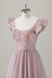 Robe de bal longue a-ligne florale rose gris avec manches courtes