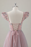 Robe de bal longue a-ligne florale rose gris avec manches courtes