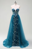 Robe de bal longue sans bretelles scintillante bleu sirène sirène avec fente