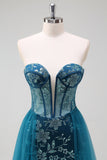 Robe de bal longue sans bretelles scintillante bleu sirène sirène avec fente