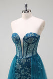 Robe de bal longue sans bretelles scintillante bleu sirène sirène avec fente