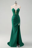 Robe de bal longue avec fente corset sans bretelles sirène vert scintillant