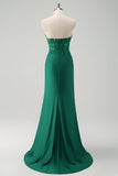 Robe de bal longue avec fente corset sans bretelles sirène vert scintillant