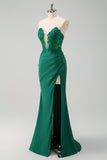 Robe de bal longue avec fente corset sans bretelles sirène vert scintillant