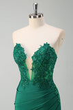 Robe de bal longue avec fente corset sans bretelles sirène vert scintillant