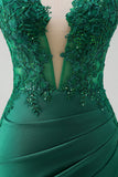 Robe de bal longue avec fente corset sans bretelles sirène vert scintillant