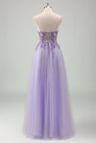 Violet scintillant A-ligne spaghetti bretelles Corset longue robe de bal avec appliques