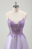 Violet scintillant A-ligne spaghetti bretelles Corset longue robe de bal avec appliques