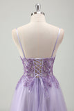 Violet scintillant A-ligne spaghetti bretelles Corset longue robe de bal avec appliques