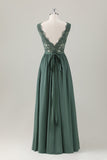 Eucalyptus A-ligne dentelle longue robe de demoiselle d’honneur avec fente