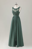 Eucalyptus A-ligne dentelle longue robe de demoiselle d’honneur avec fente
