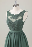 Eucalyptus A-ligne dentelle longue robe de demoiselle d’honneur avec fente